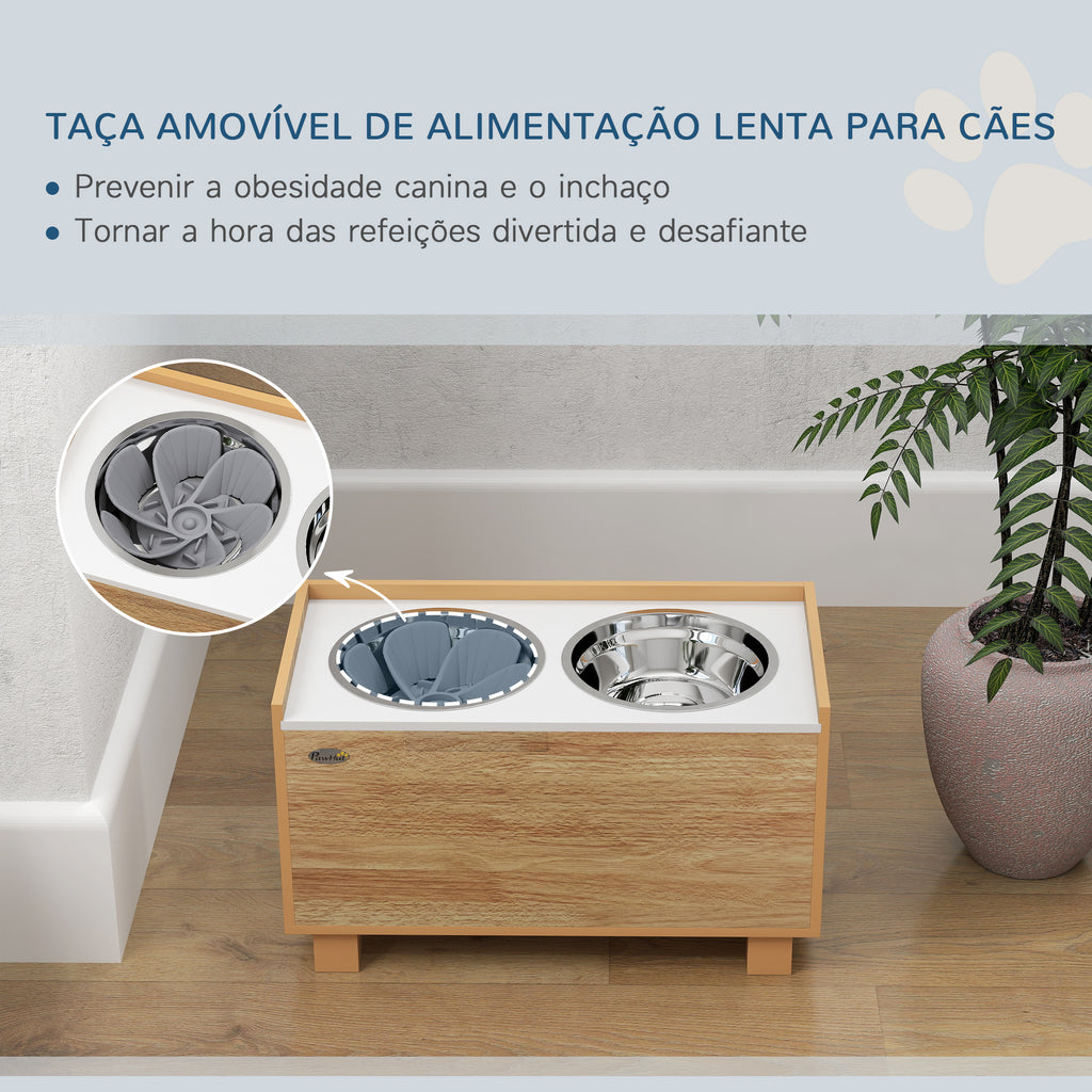Comedouro para Cães Elevado com Sistema de Alimentação Lento Amovível e Espaço de Arrumação Comedouro com 2 Tigelas de 2L de Aço Inoxidável para Cães Grandes 60x30x35,5 cm Madeira — foto 4