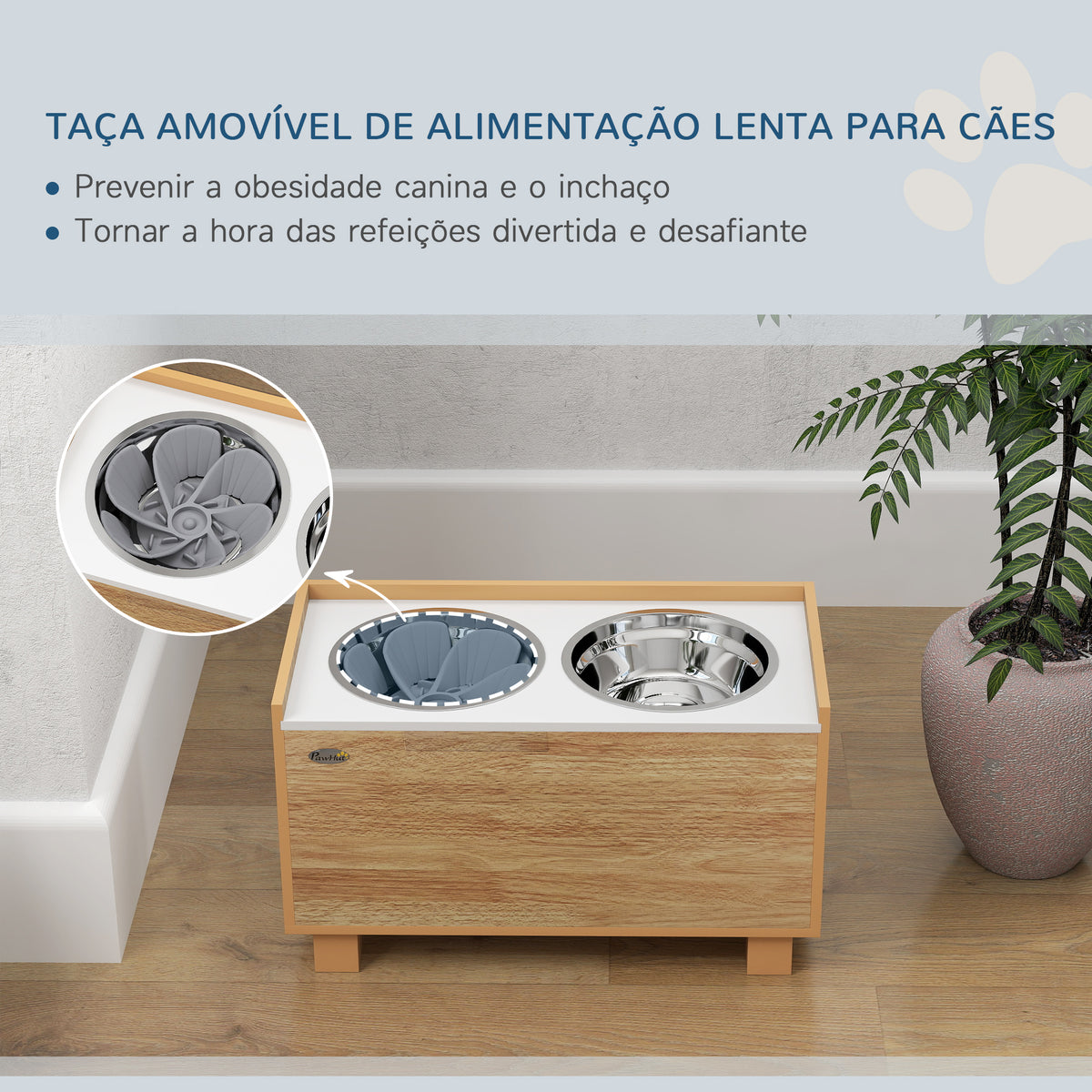 Comedouro para Cães Elevado com Sistema de Alimentação Lento Amovível e Espaço de Arrumação Comedouro com 2 Tigelas de 2L de Aço Inoxidável para Cães Grandes 60x30x35,5 cm Madeira — foto 4