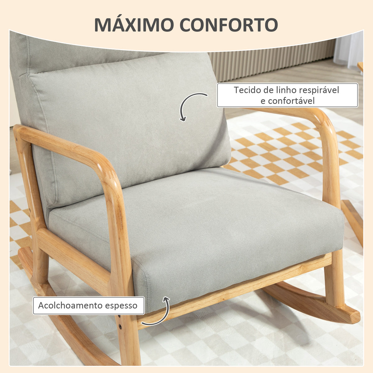 Poltrona Baloiço Estofada em Linho Poltrona Baloiço com Pés de Madeira de Borracha e Apoio para os Braços para Sala de Estar Dormitório Carga 150 kg 65x87x94,5 cm Cinza — foto 5