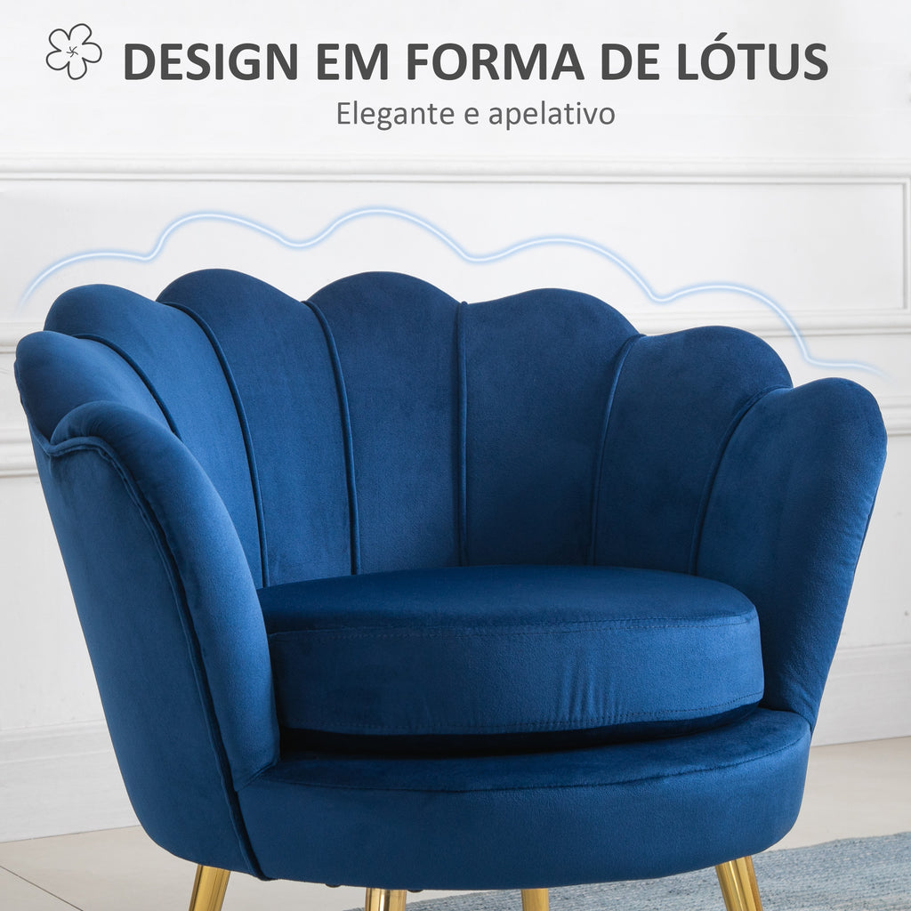 Poltrona de Sala Estofada em Veludo Poltrona para Quarto com Encosto em Forma de Concha e Pernas Douradas para Sala de Jantar 76x67x74 cm Azul — foto 4