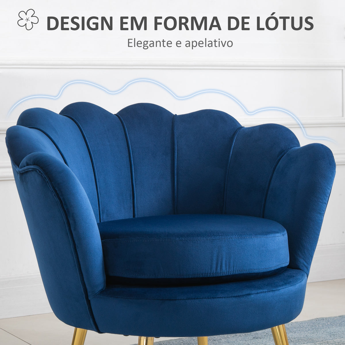 Poltrona de Sala Estofada em Veludo Poltrona para Quarto com Encosto em Forma de Concha e Pernas Douradas para Sala de Jantar 76x67x74 cm Azul — foto 4