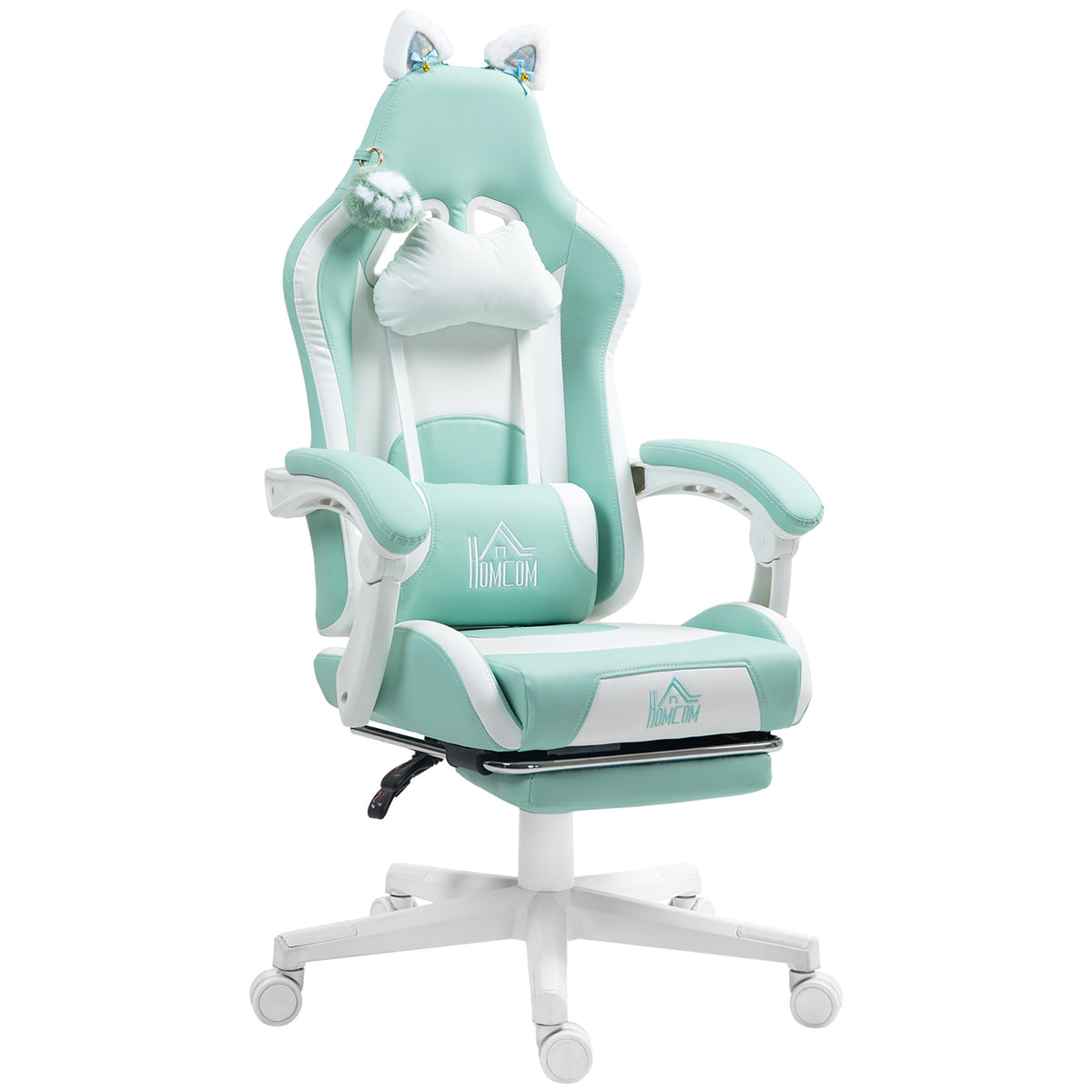 Cadeira Gaming com Orelhas Cadeira Gamer Reclinável com Altura Ajustável Apoio para os Pés Retrátil Suporte Lombar e Apoio para a Cabeça Desmontável Cadeira para Escritório 65x62x116-124 cm Azul — foto 1