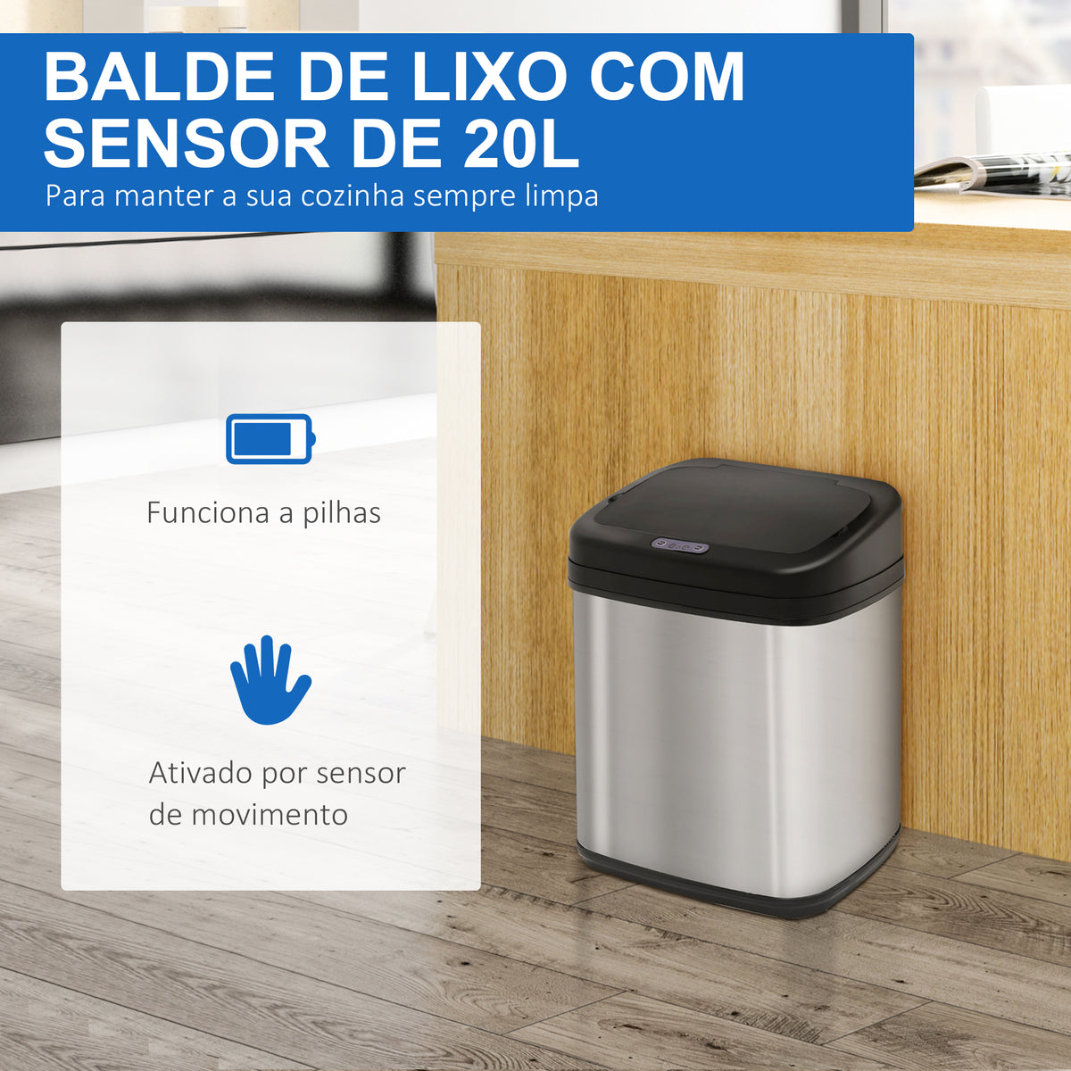 Balde de Lixo Automático 20L Balde de Lixo de Cozinha de Aço Inoxidável com Sensor Infravermelho Abertura Automática Cubo Amovível e Alça 33x25x42,5 cm Prata e Preto — foto 6