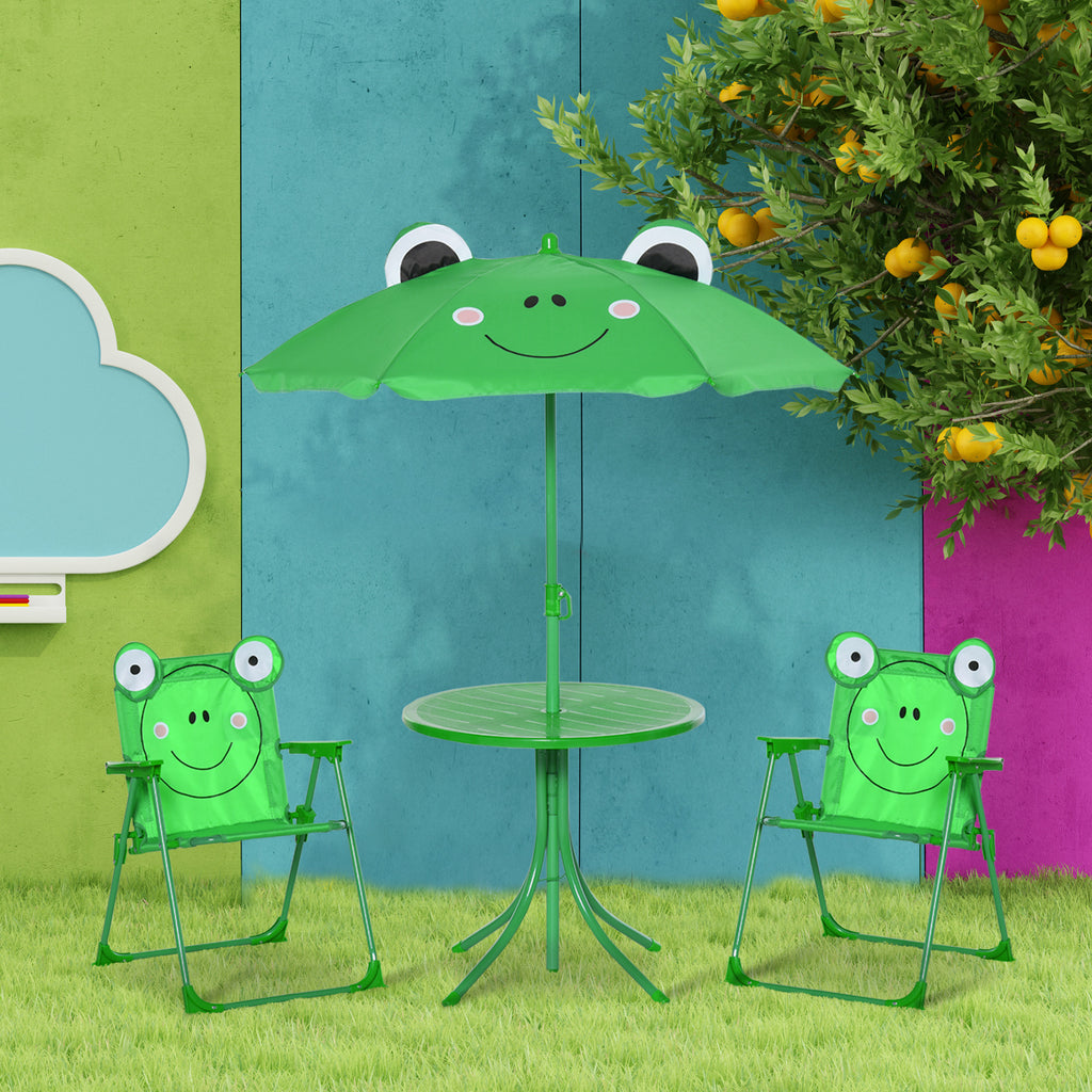 Conjunto de Mesa e Cadeira de Jardim Conjunto de Picnic Dobrável para Crianças Conjunto de Mesa com Chapéu de Sol com Altura Ajustável 100-125cm Desenho de Sapo Verde — foto 2