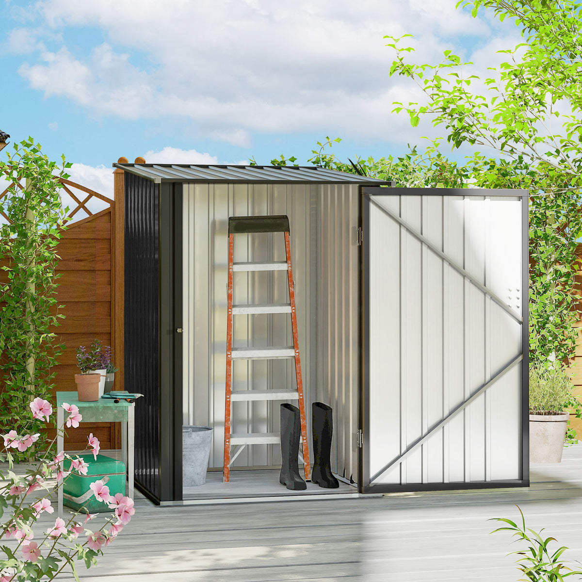 Abrigo de Jardim 0,92 m² 100x103x160cm Abrigo Exterior de Aço Galvanizado com Porta Fechadura e Teto Inclinado para Armazenamento de Ferramentas Cinza Escuro — foto 2