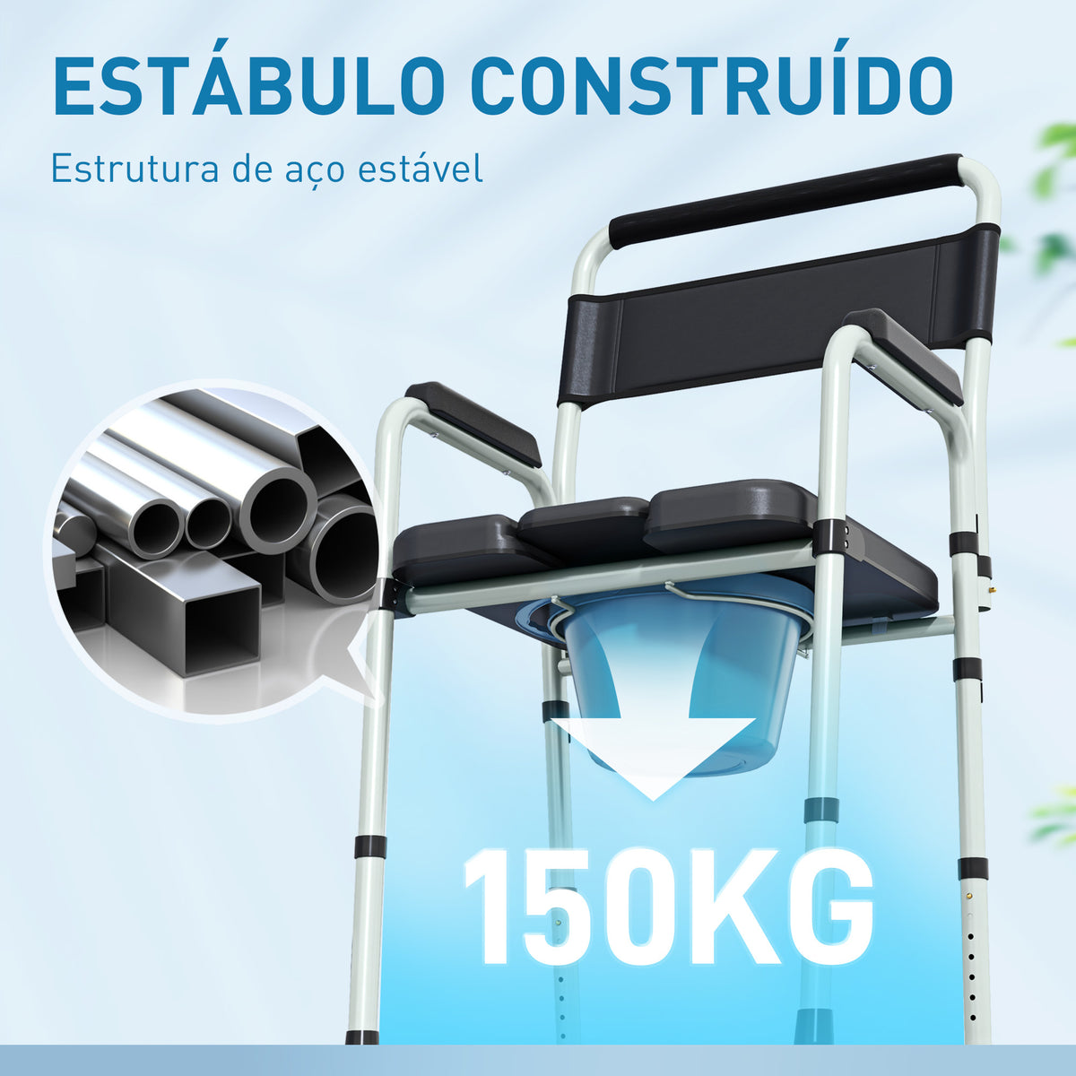 Cadeira Sanita para Pessoas Maiores Dobrável Cadeira com Sanita Altura Ajustável Cubo e Almofadas Antiderrapantes Carga 150 kg 52,5x46x81,5-97 cm Preto — foto 5