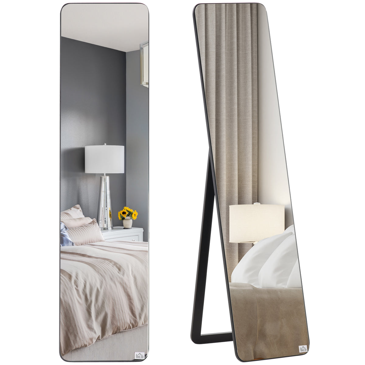 Espelho de Pé Espelho de Corpo Inteiro Retangular Espelho de Parede com 2 Formas de Uso Estrutura de Madeira de Pinho para Dormitórios Sala de Estar Corredor 37x43x156 cm Preto — foto 1