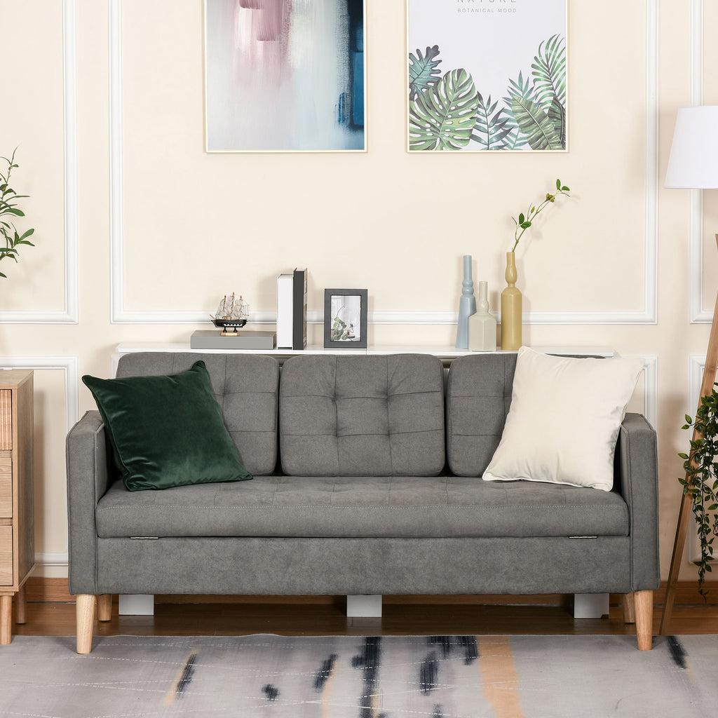 Sofá de 3 lugares acolchoado com 3 almofadas e apoios de braço Espaço de armazenamento Estilo moderno para sala de estar Quarto 166,5x62x82 cm cinza — foto 7