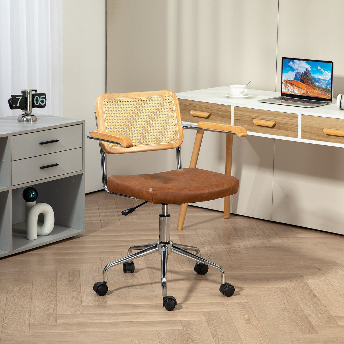 Cadeira de Escritório Giratória Cadeira de Escritório com Altura Ajustável Função Basculante e Encosto de Vime Sintético Cadeira de Estúdio Carga 120 kg 60x55,5x82-90 cm Marrom — foto 2