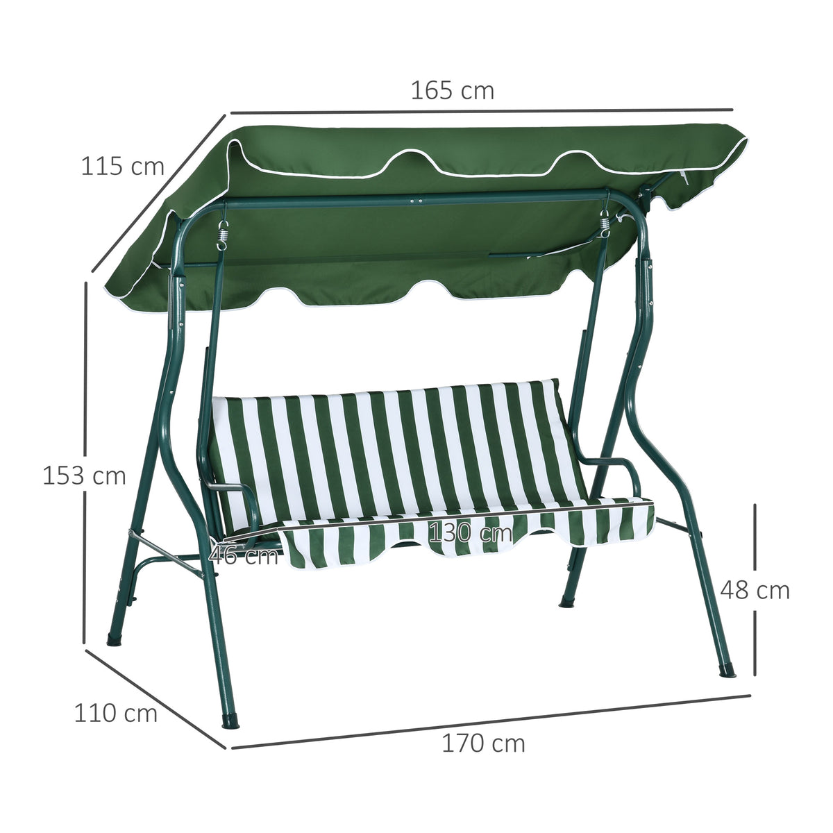 Baloiço de Jardim para 2-3 Pessoas, Baloiço de Exterior com Toldo Ajustável, Impermeável e Estrutura de Aço, para Jardim, Varanda, 170x110x153 cm, Verde — foto 3