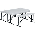 Conjunto de Mesa e 2 Bancos Dobráveis de Jardim Mesa de Campismo Portátil Mesa de 103x63x73cm e Bancos de 84,5x20x40cm Branco — foto 1