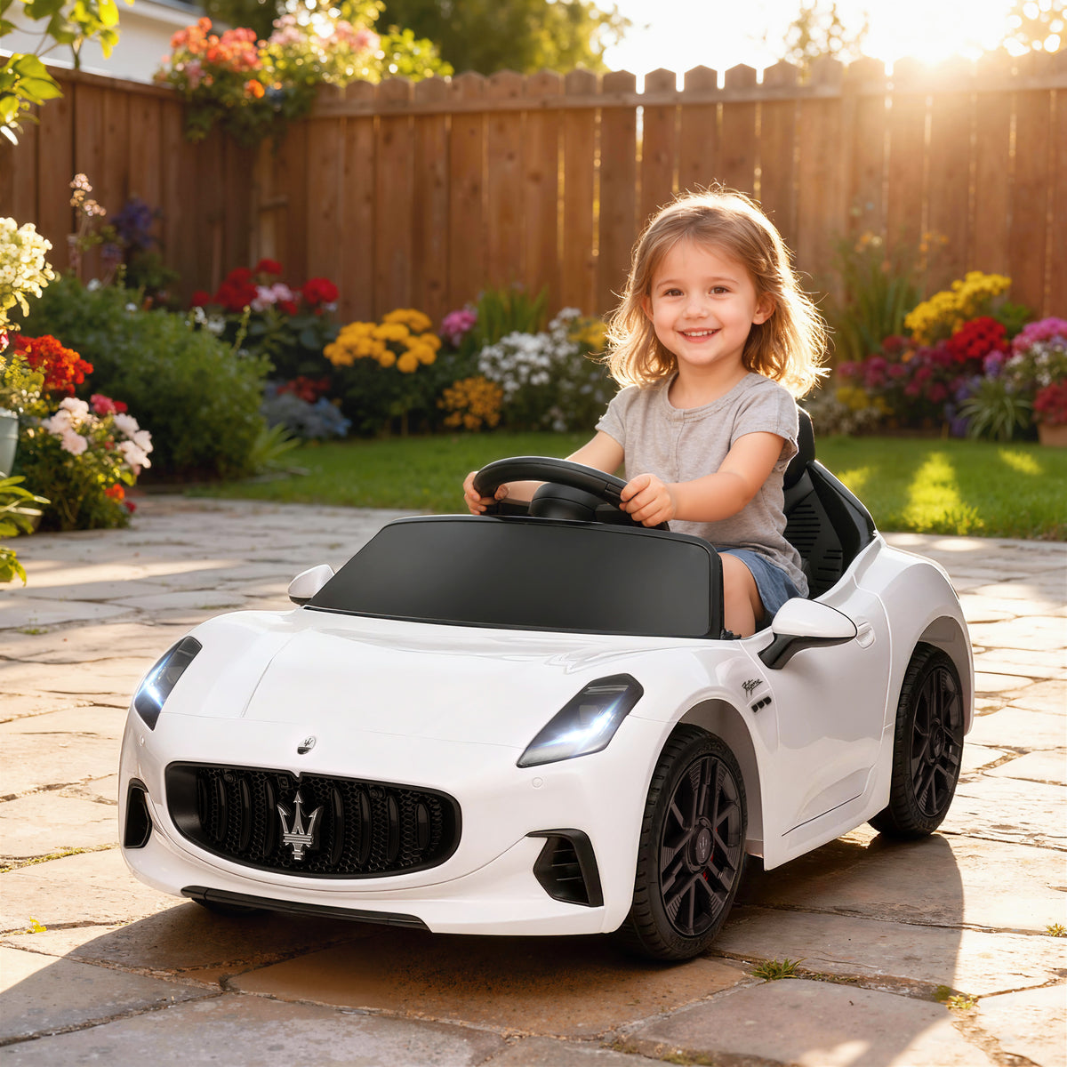 Carro Elétrico para Crianças acima de 3 Anos Carro Maserati Gran Turismo Folgore Carro Elétrico com Bateria 12V Controlo Remoto Faróis Buzina e Música MP3 98x59x43 cm Branco — foto 2