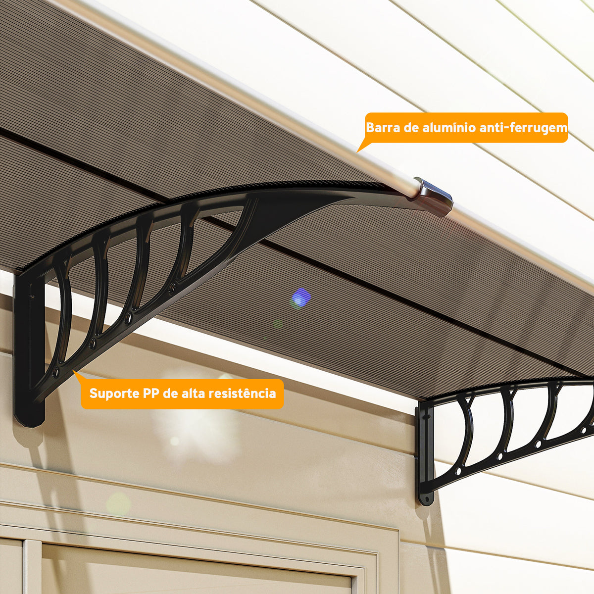 Marquise de Proteção 200x96 cm Marquise Exterior para Portas e Janelas contra o Sol e Chuva com Suporte de PP Policarbonato Marrom — foto 8