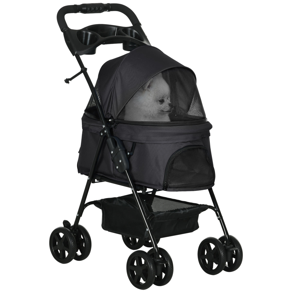 Carrinho para Cães Dobrável Carrinho para Cães Pequenos com Rodas Universáis Cesta de Armazenamento Correias de Segurança e Janelas 67x45x96 cm Preto — foto 1