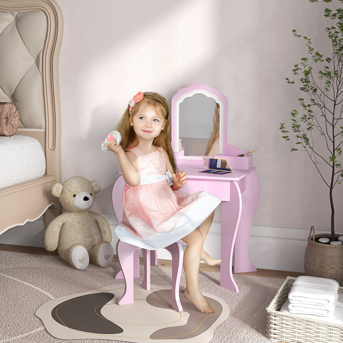 Toucador Infantil para Meninas e Meninos acima de 3 Anos Toucador de Maquilhagem com Banco e Espelho Toucador para Meninas com Gaveta e Caixas de Arrumação em Forma de Nuvem Rosa — foto 2