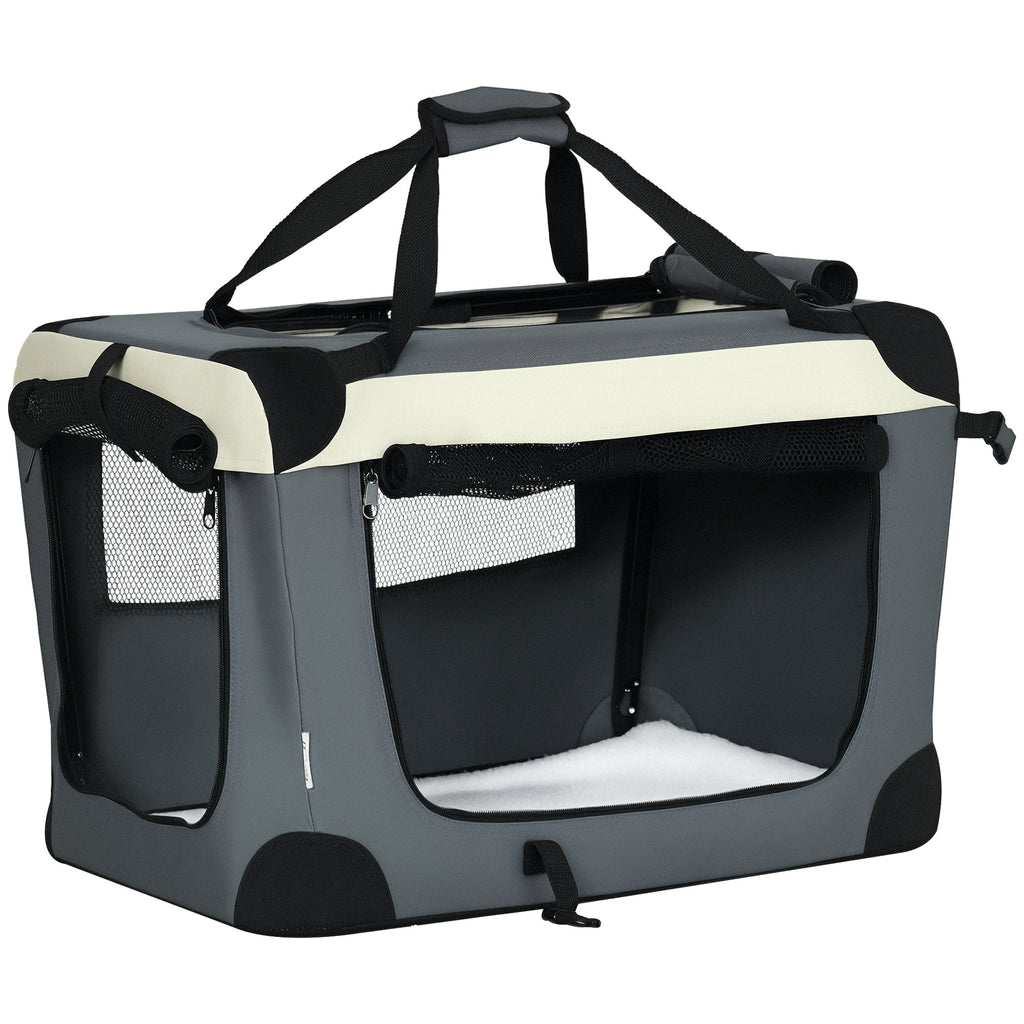 Transportadora para Cães e Gatos Bolsa de Transporte Animais de Estimação Dobrável com Almofada Suave e 2 Correias de Ombro para Carro Avião Viajem 60x41x41cm Cinzento — foto 1