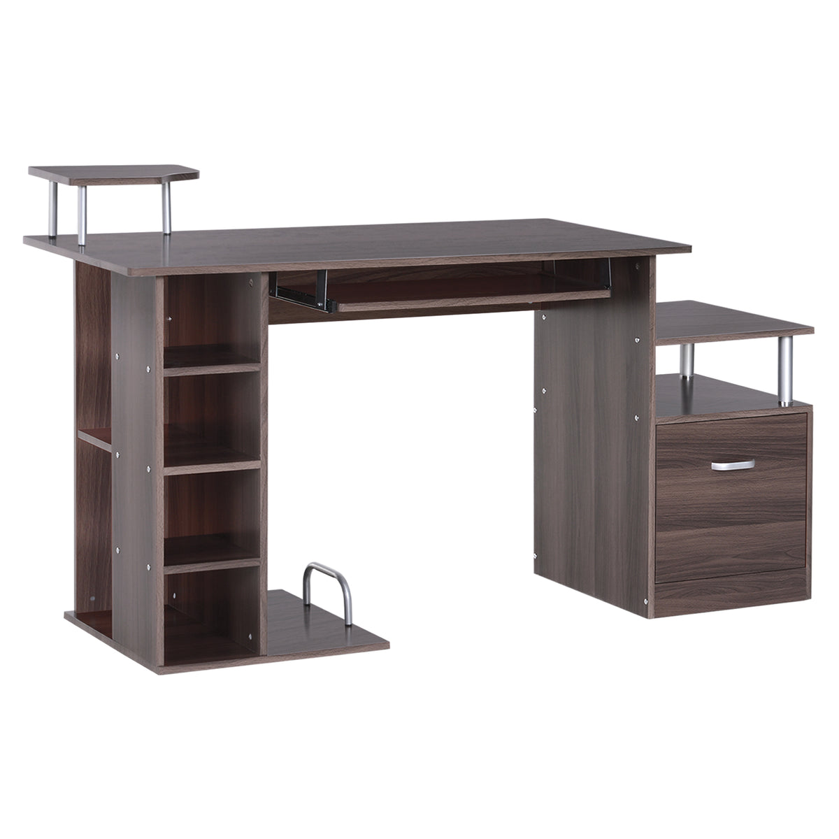 Mesa para Computador 120cm Secretária para Escritório com Múltiplas Prateleiras Gavetas Bandeja de Teclado Suporte para Monitor Impressora e CPU 152x60x88cm Marrom — foto 1