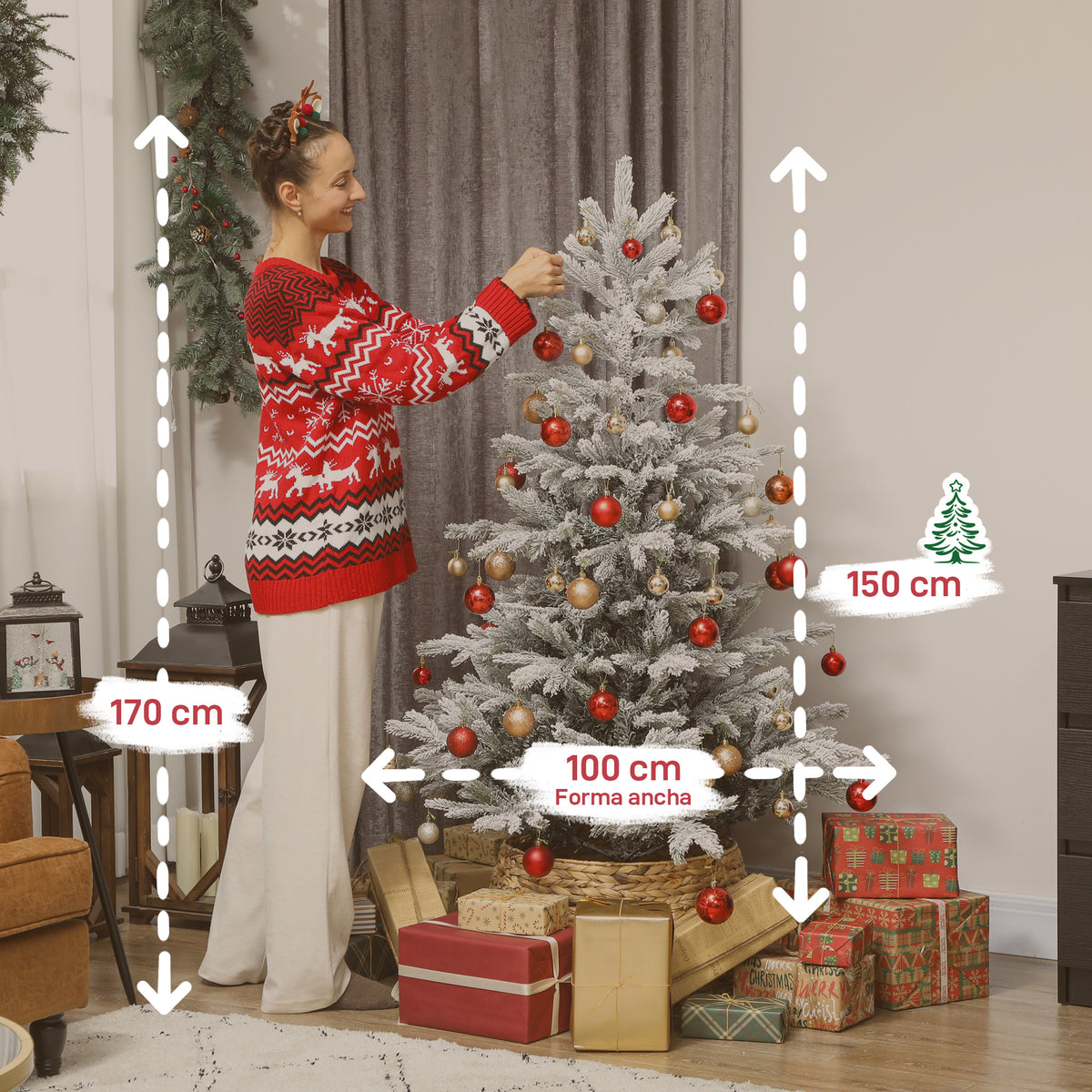 Árvore de Natal Artificial 150 cm Árvore de Natal Nevada Abeto Artificial com 828 Ramos Base Dobrável e Fácil de Montar Decoração para Casa Escritório Festas Verde — foto 3