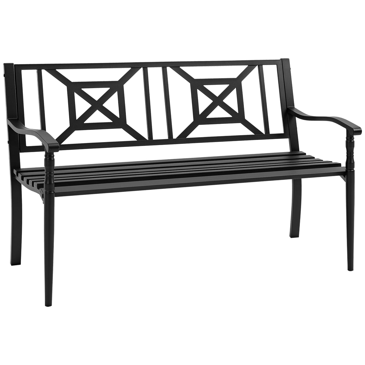 Banco de Jardim de 2 Lugares Banco de Exterior de Aço com Apoio para os Braços e Encosto Decorativo para Terraço Varanda Pátio Carga 280kg 128x62,5x81,5cm Preto — foto 1