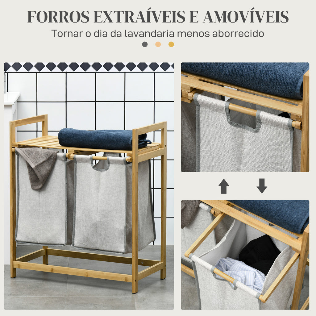 Cesto de Roupa de Bambu Cesto de Roupa Suja com 2 Bolsas Amovíveis e 2 Prateleiras Carga 20 kg 2x40,6L para Casa de Banho Dormitório 64x33x73 cm Madeira — foto 6