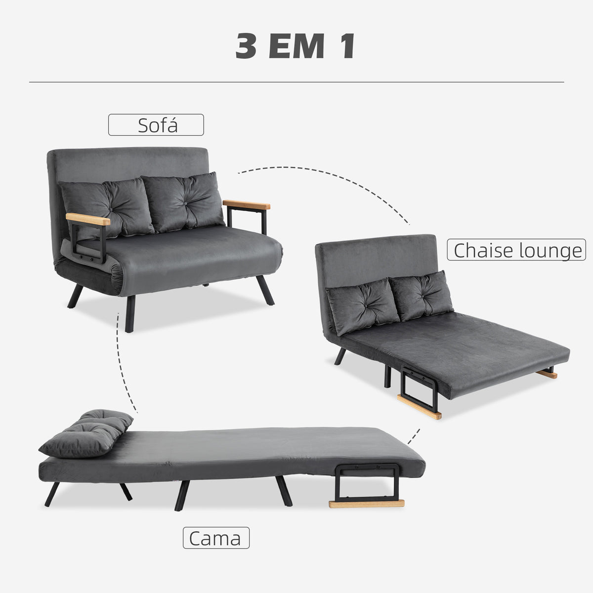 Sofá Cama Sofá Convertível em Cama de 2 Lugares Dobrável com Encosto Ajustável em 5 Níveis e 2 Almofadas Acolchoadas para Escritório Dormitório Sala de Estar 102x73x81 cm Cinza - Modelo 1 — foto 4