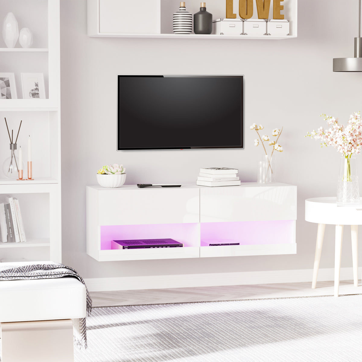 Móvel de parede para TV Armário suspenso com luzes LED com controle remoto 120x35x40,5 cm Carga 30 kg para sala de estar Quarto branco — foto 2