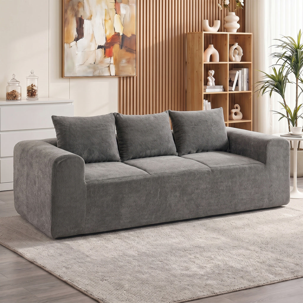 Sofá 3 Lugares em Chenille 220 cm Sofá de Sala Moderno com Assento e Apoios de Braço Largos 3 Almofadas Cinza — imagem 6