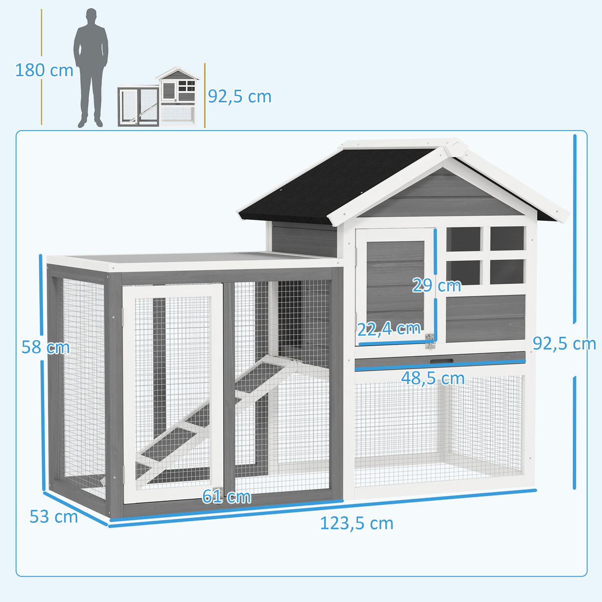 Coelheira de Madeira Exterior de 2 Níveis Gaiola para Coelhos Animais Pequenos com Zona Aberta Teto Asfáltico Bandeja Removível e Rampa 122x62,6x92 cm Cinzento — foto 3