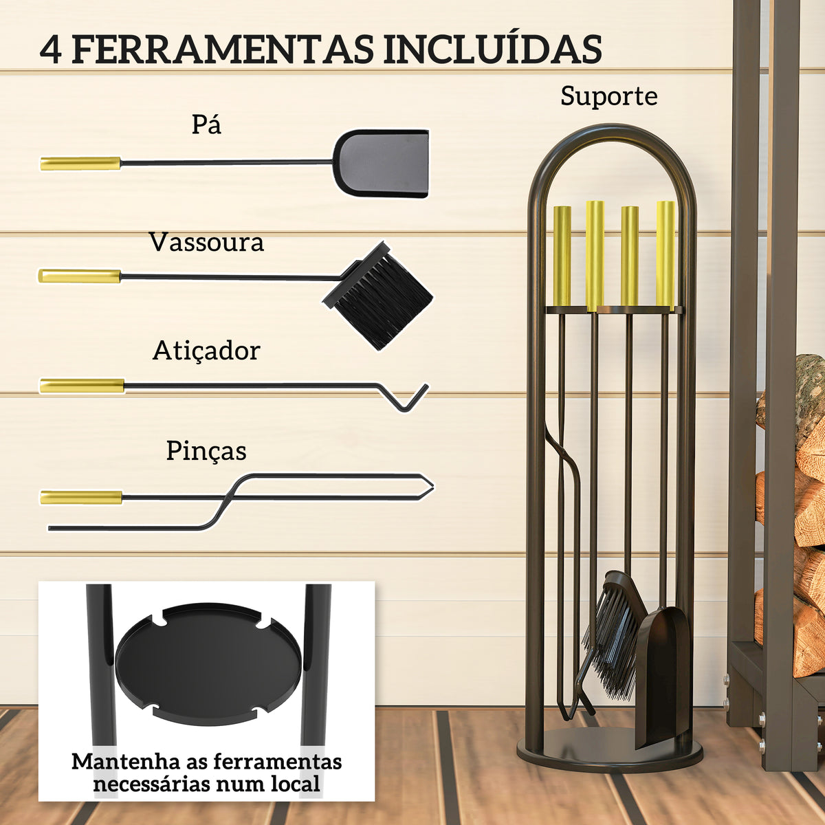 Conjunto de Acessórios para Lareira de 5 Peças Acessórios de Metal com Vassoura Pá Par de Tenazes Atiçador e Suporte 20x20x71 cm Preto e Dourado — foto 4