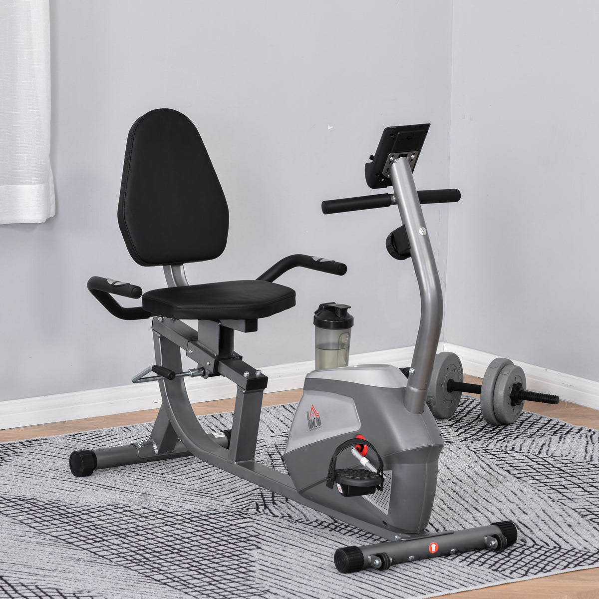 Bicicleta ergométrica reclinável com tela LCD e volante de 3 kg resistência magnética de 8 níveis assento ajustável 121,5-136x62,5x98 cm cinza — foto 2