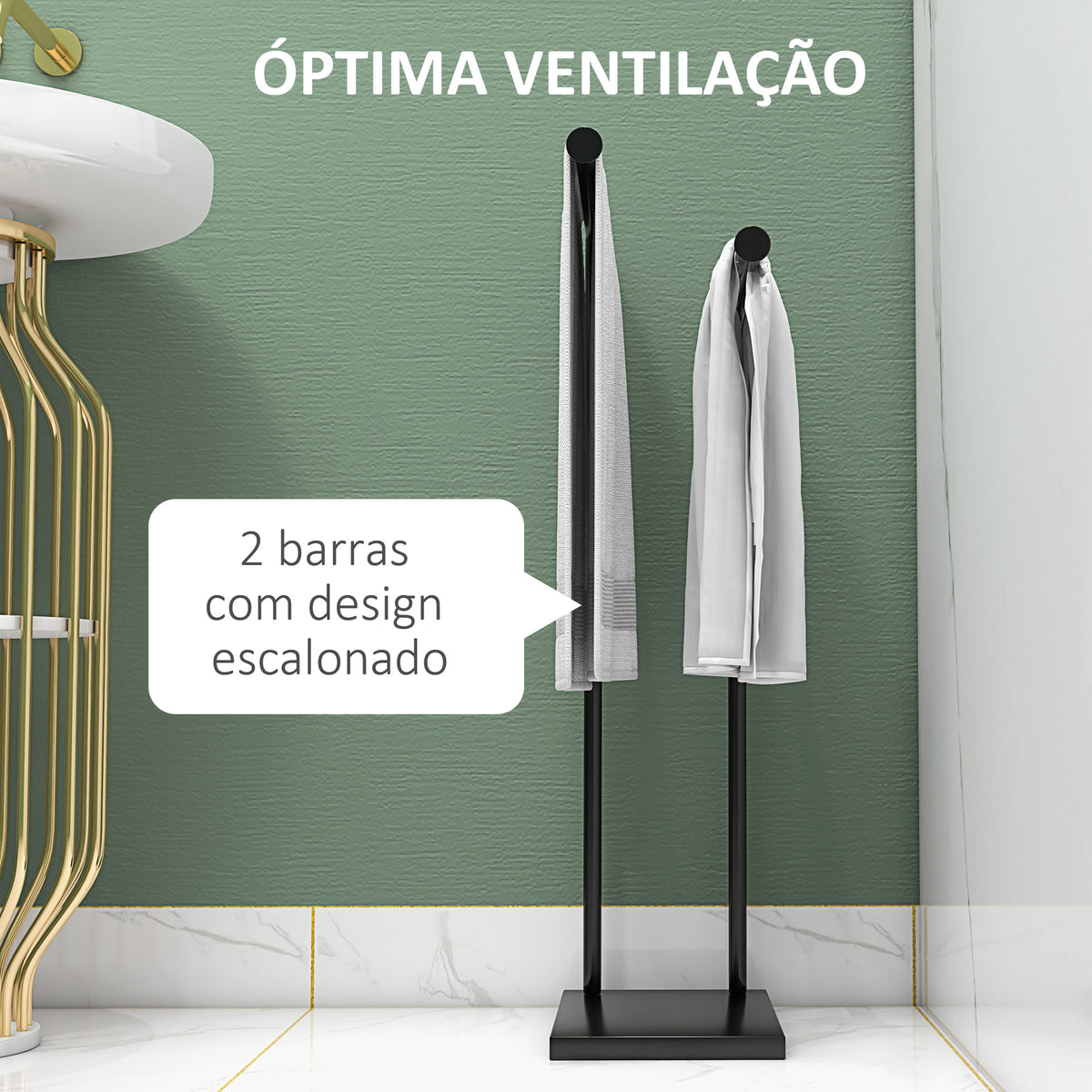 Toalheiro de Pé de 2 Níveis Toalheiro Casa de Banho com 2 Barras e Estrutura de Metal Toalheiro Moderno em Forma de L 35,5x20x78 cm Preto — foto 4