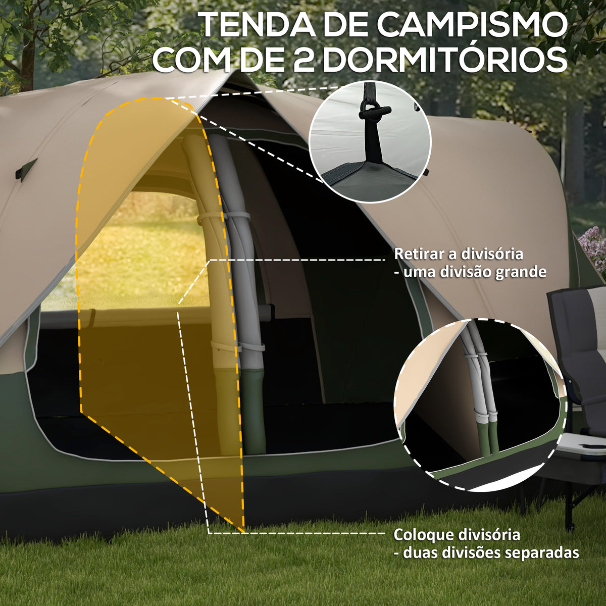 Tenda de Campismo Familiar para 4-5 Pessoas Tenda de Campismo Dobrável com 2 Quartos e Bolsa de Transporte Impermeável para Trekking 450x215x180 cm Verde — foto 5