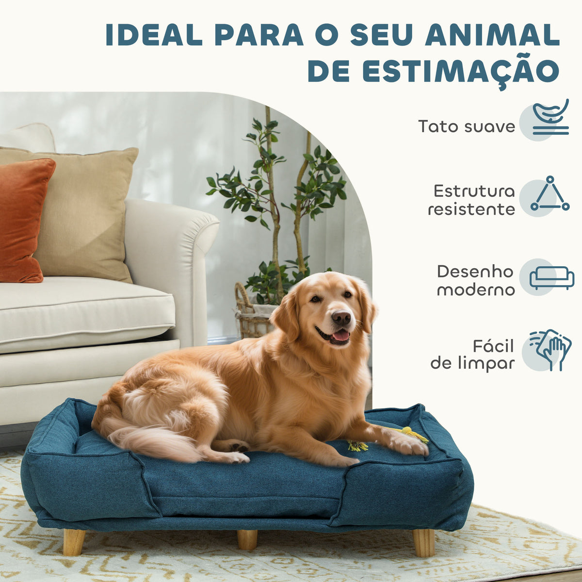 Sofá para Cães Grandes Cama Elevada para Cães com Pés de Madeira e Almofada Lavável Cama para Animais de Estimação Carga 30 kg 96x66x24 cm Azul Escuro — foto 7