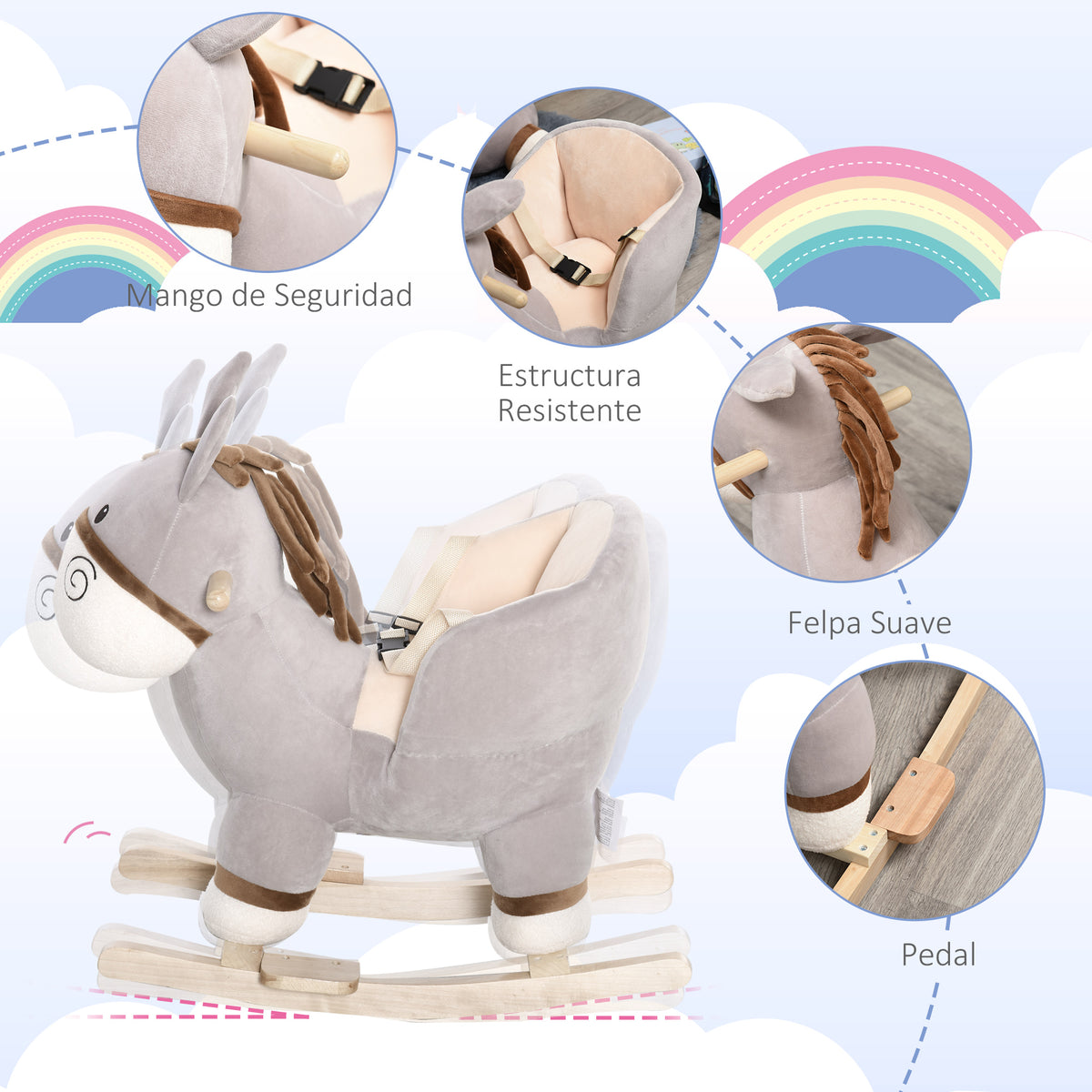 Baloiço Infantil em Forma de Burro de Pelúcia para Bebés 18-36 Meses com Som Cinto de Segurança Guidão Apoio para os Pés 61x34x58 cm Cinza — foto 4