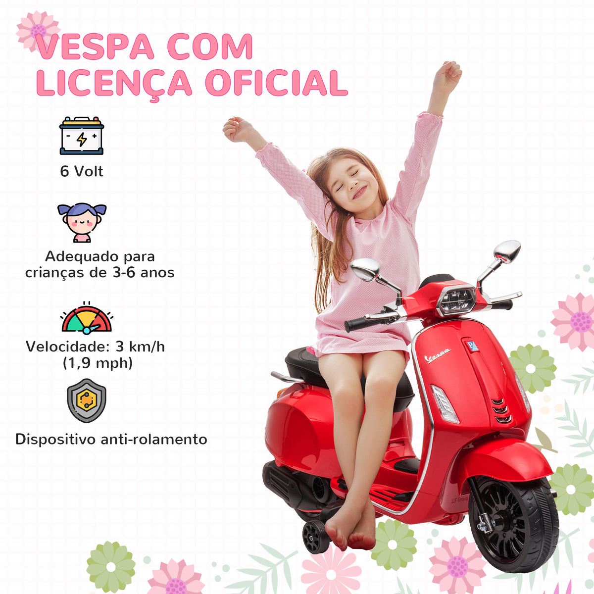 Moto Elétrica para Crianças de 3-6 Anos com Licença Vespa Motocicleta de Bateria 6V com USB MP3 Luz LED Rádio FM Moto para Crianças com Velocidade 3 km/h Carga 35 kg Vermelho — foto 4
