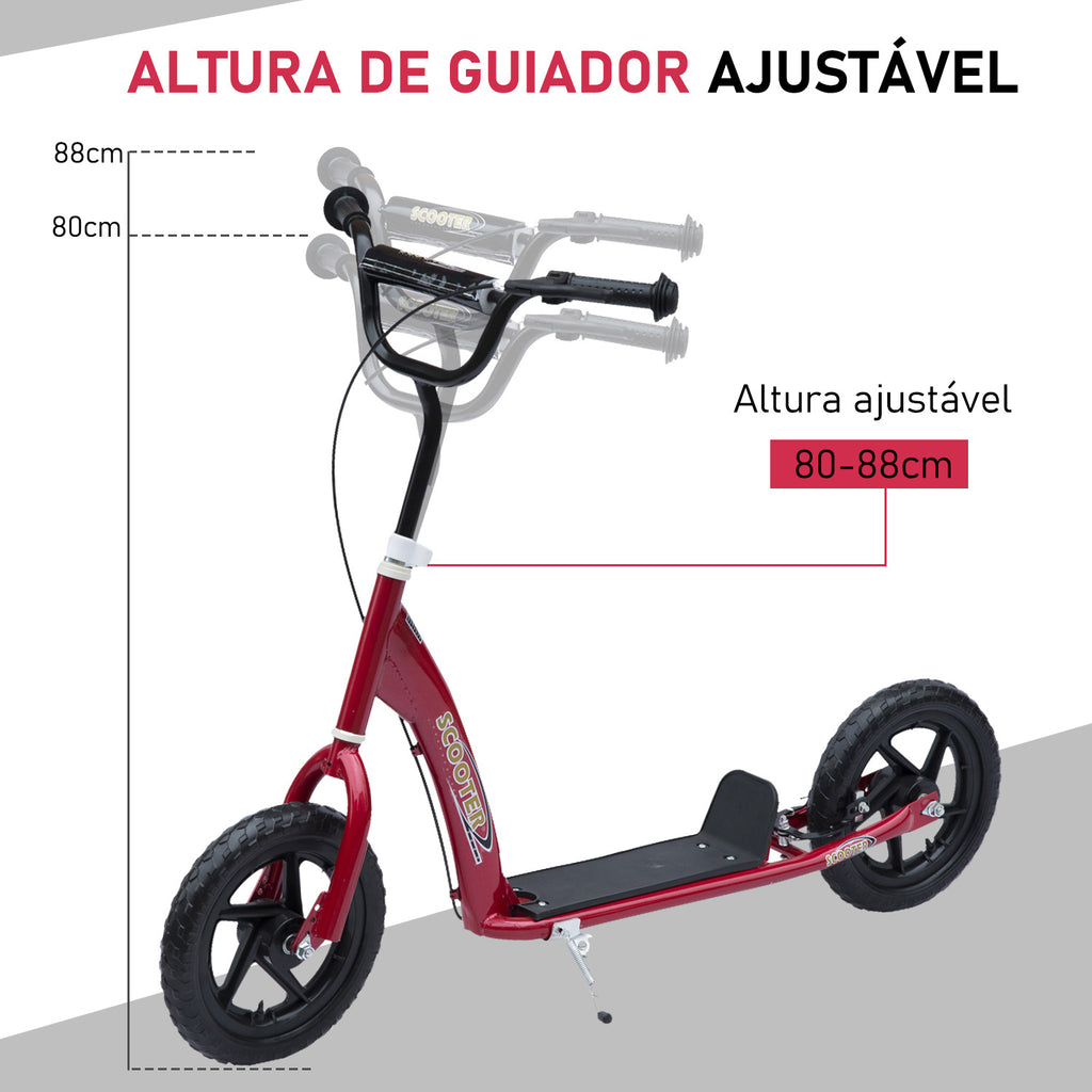 Trotinete com 2 Rodas de 12 Polegadas Trotinete para Crianças com Guiador Ajustável Freio e Cavalete Carga Máxima 100kg 120x52x80-88cm Vermelho — foto 7