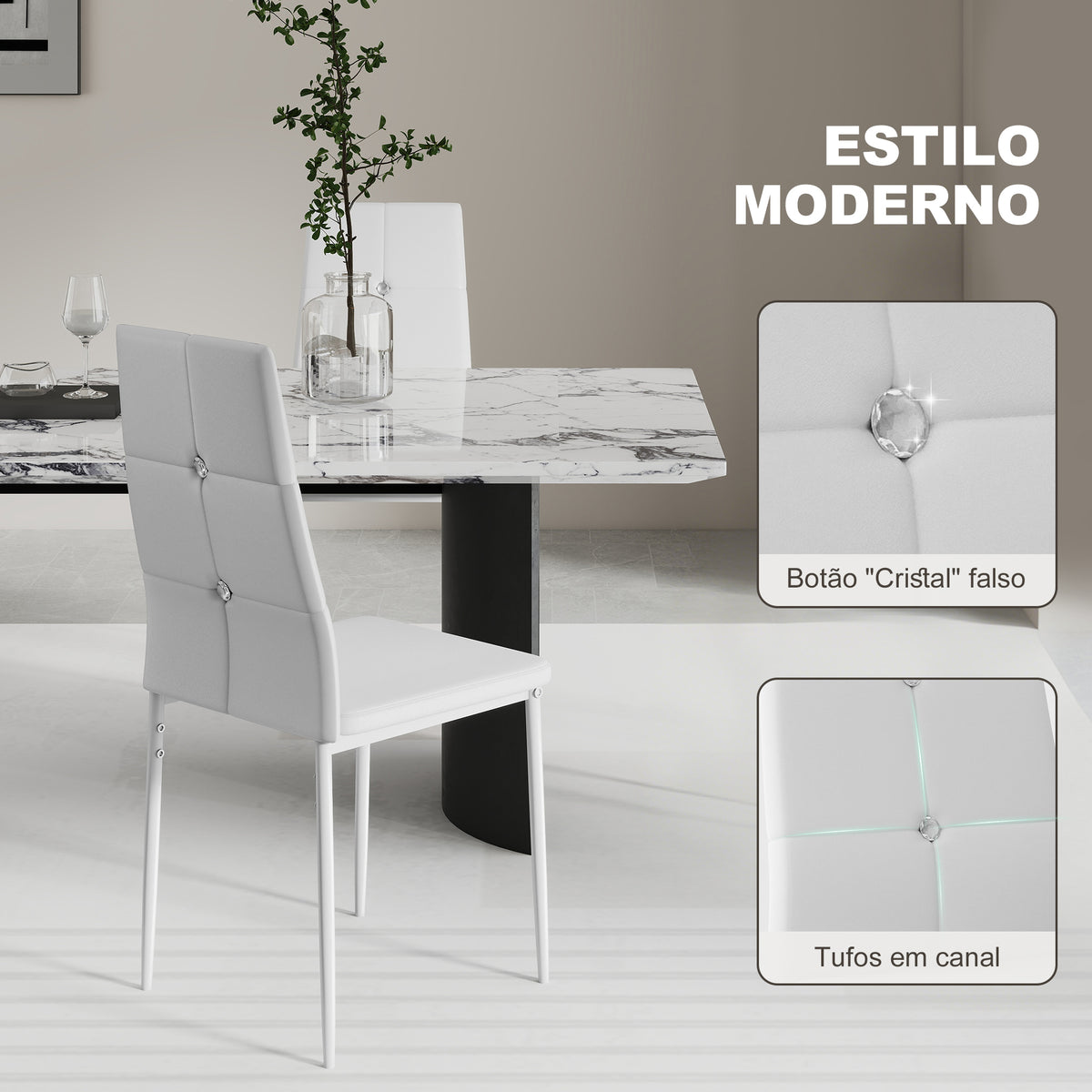 Conjunto de 6 Cadeiras de Sala de Jantar Estofadas em PU Cadeiras de Cozinha com Encosto Alto com Botões e Pernas de Aço Desenho Moderno para Sala de Estar Quarto 41x50x97 cm Branco — foto 4