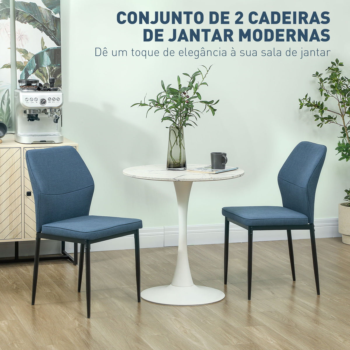Conjunto de 2 Cadeiras de Jantar Modernas Cadeiras de Cozinha com Assento Acolchoado e Estofado Encosto Curvo Pés de Aço para Sala Quarto 45x57x86 cm Azul Escuro — foto 4