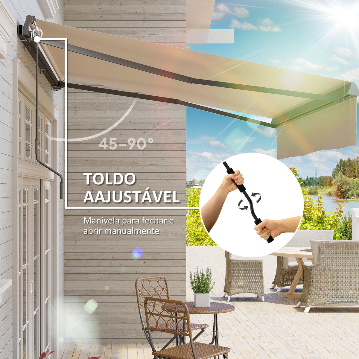Toldo Retrátil Manual para Jardim Toldo Exterior Ajustável com Manivela Proteção UV Estrutura de Metal e Alumínio 295x200 cm Creme — foto 4