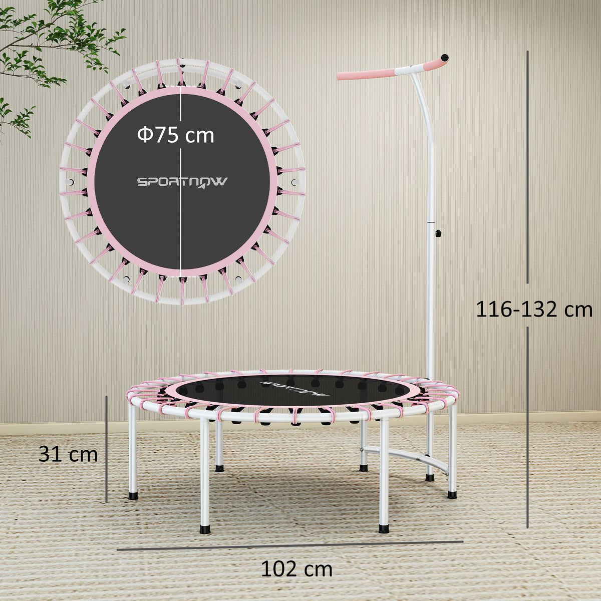 Trampolim de Fitness Adultos Ø102 cm Mini Trampolim Fitness com Pega Ajustável de 5 Níveis Estrutura em Aço para Treino de Pernas Corpo em Casa Escritório Ginásio Rosa — foto 3