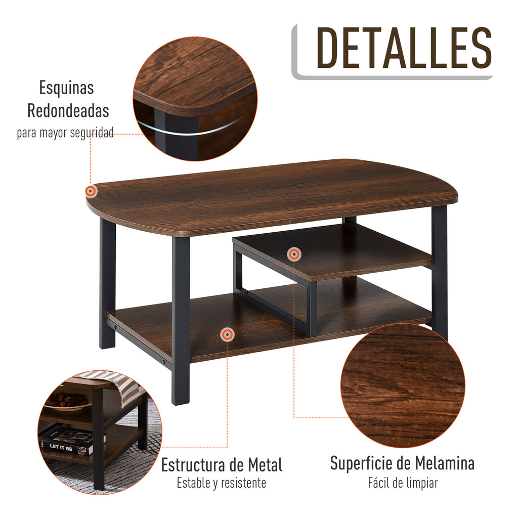 Mesa de Centro com 2 Prateleiras Mesa de Café Estilo Vintage para Sala de Estar Dormitório 100x60x46cm Castanho Rústico — foto 5