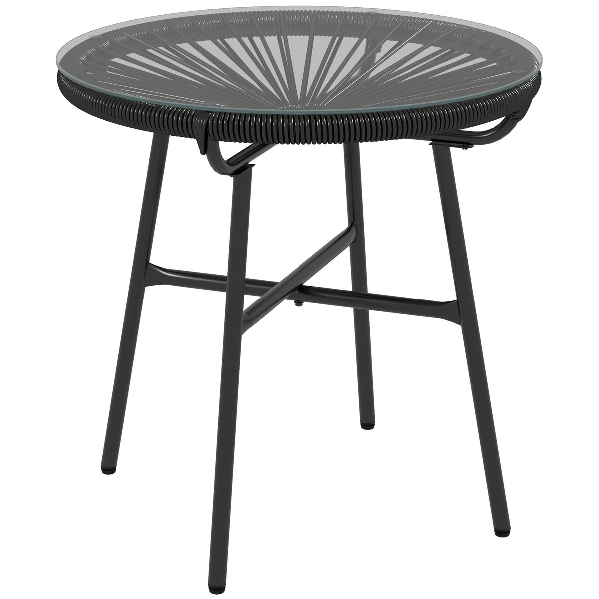 Mesa Auxiliar de Vime Sintético Mesa de Centro Redonda para Exteriores com Bancada de Vidro Temperado e Pés de Metal para Pátio Jardim Varanda Ø50x50 cm Preto — foto 1