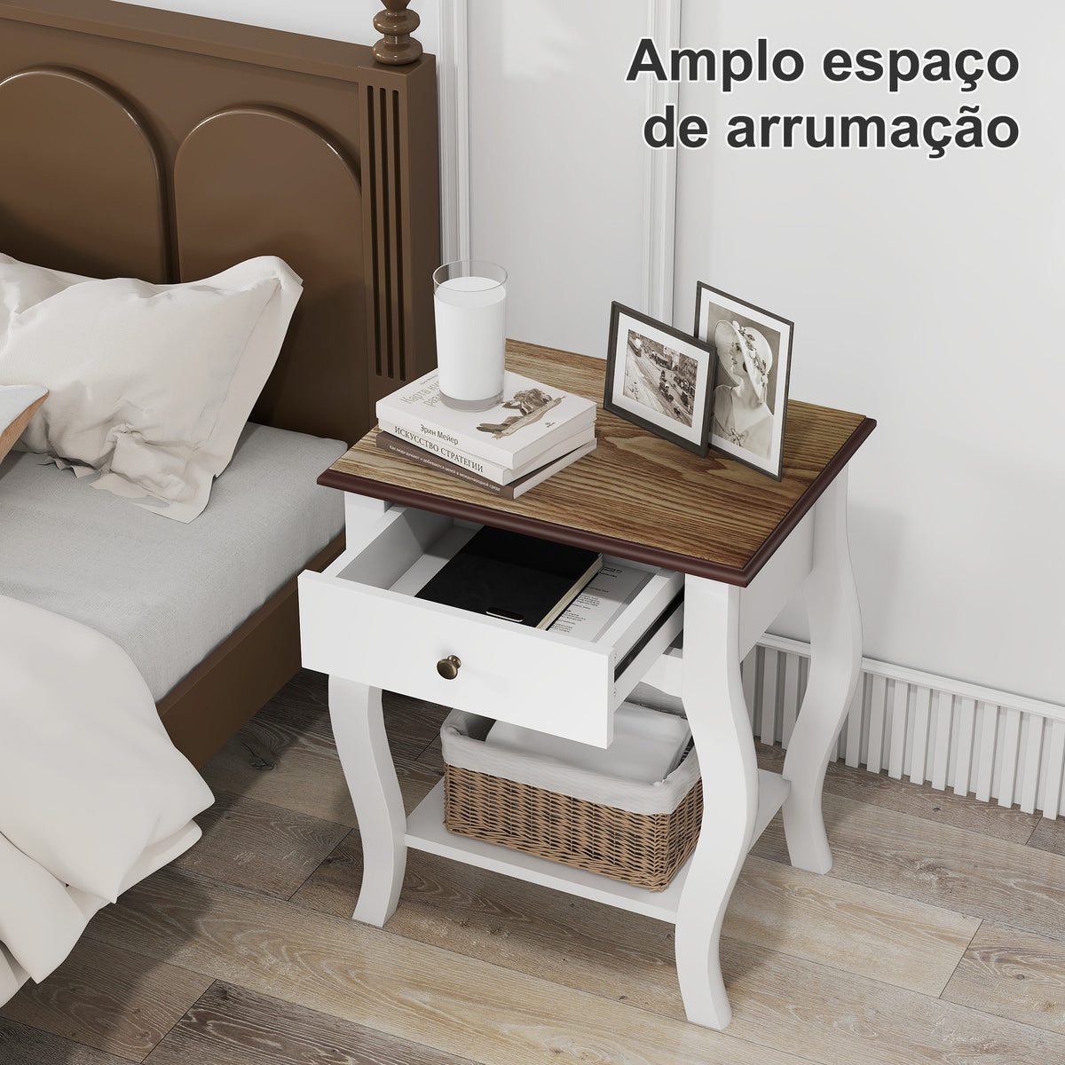 Conjunto de 2 Mesas de Cabeceira Mesas de Cabeceira Quarto com Gaveta Estante Aberto e Bancada Efeito Carvalho Estilo Francês para Sala 45x35x55 cm Branco e Carvalho — foto 5