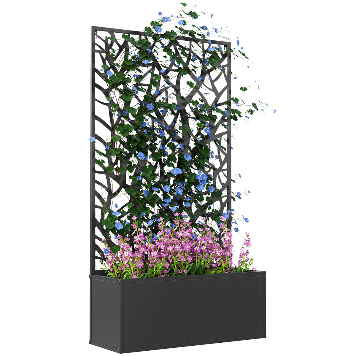 Floreira de Exterior Floreira de Metal com Ecrã de Privacidade com Ramos Decorativos Floreira de Parede ou Independente para Pátio Varanda 61x23x113 cm Preto — foto 1