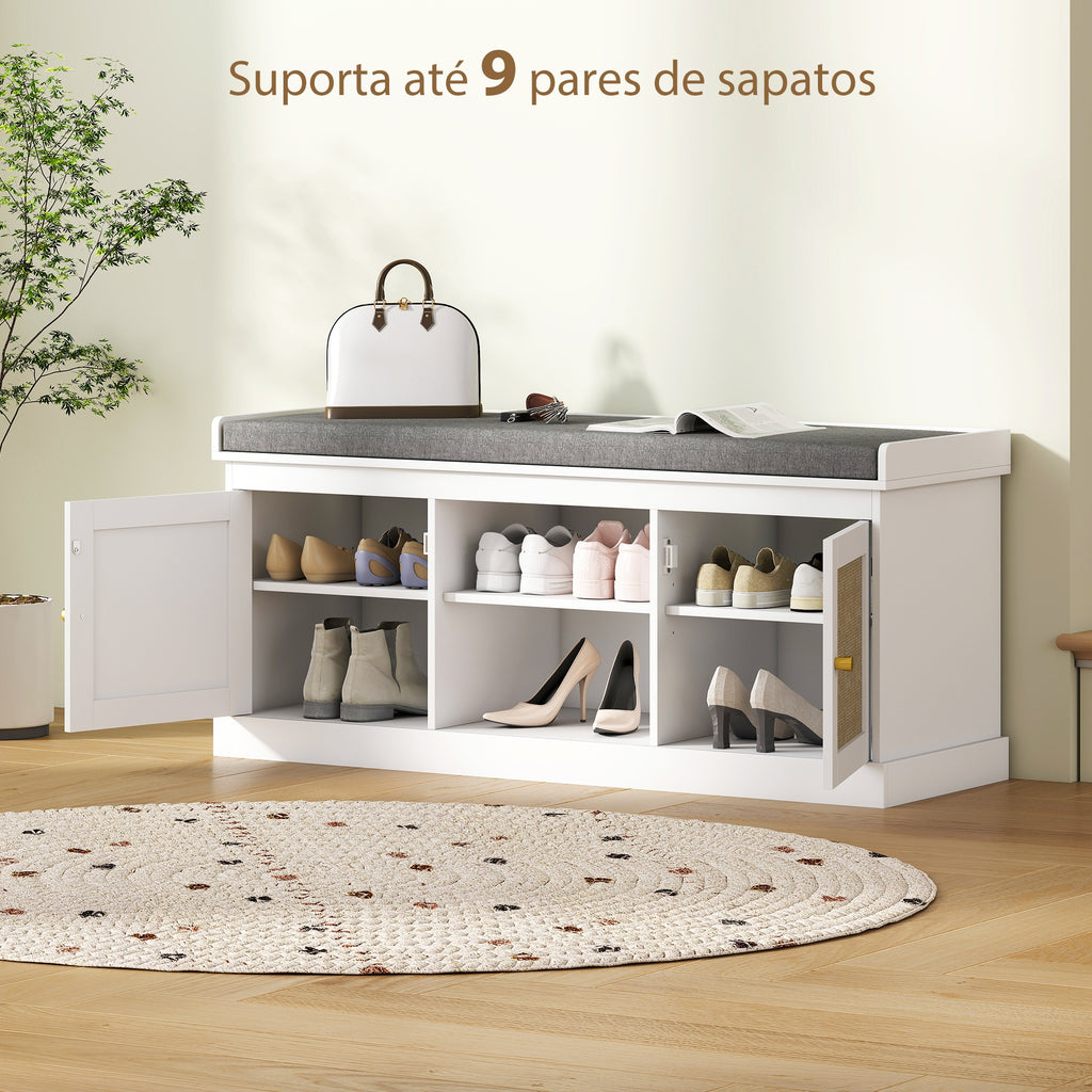 Banco Sapateira Móvel Sapateira Boémio com Assento Acolchoado Portas com Frente em Vime Prateleira Aberta Prateleira Ajustável para 9 Pares de Sapatos para Entrada 105x35x47 cm Branco — foto 6