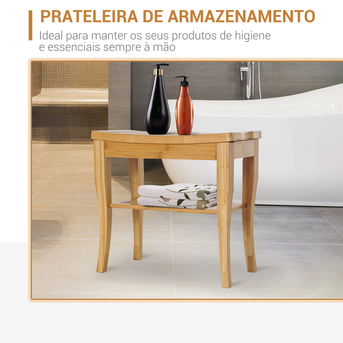 Banco para Casa de Banho de Bambu com Prateleira de Arrumação Banco de Banho Antiderrapante Impermeável e Resistente Banco de Duche para Casa Sala Quarto SPA 47,5x26x44,5 cm Madeira — foto 7