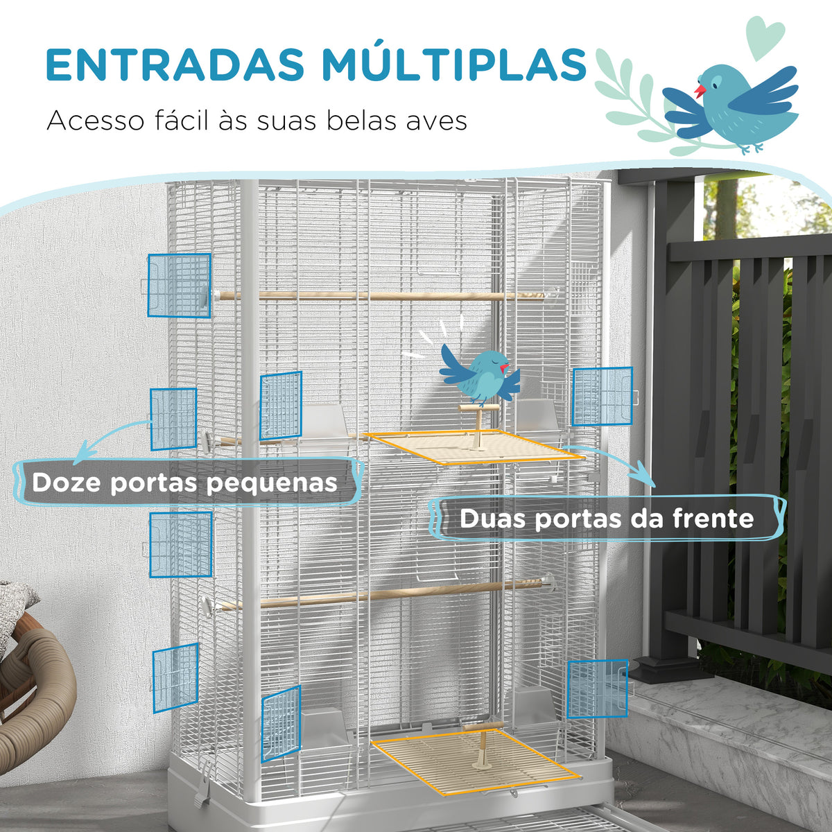 Gaiola para Pássaros 61x36,5x98 cm Gaiola para Aves com Portas Poleiros Bandeja Removível Caixas de Comida e Alças para Canários Periquitos Branco — foto 5