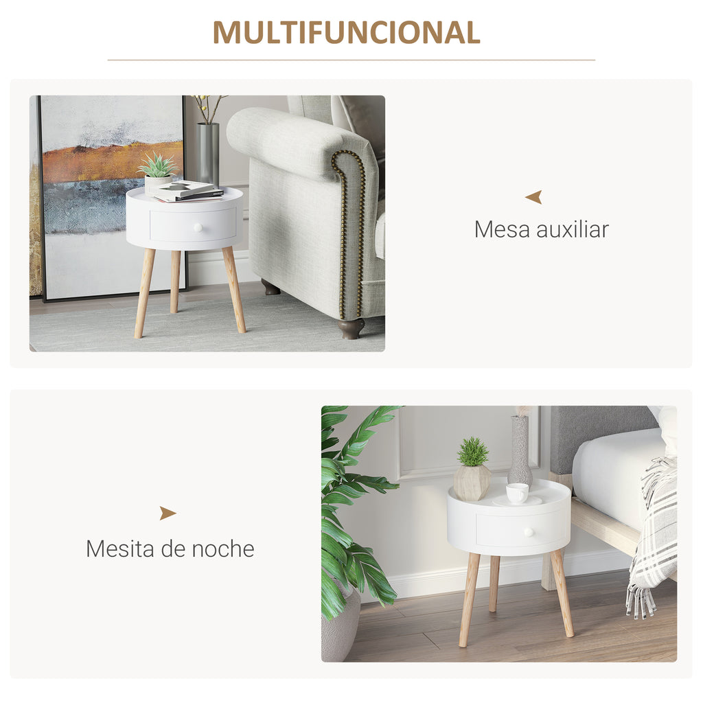 Mesa de Cabeceira com 1 Gaveta Mesa Auxiliar Redonda com Borda Elevada e 3 Pés de Madeira para Dormitório Sala de Estar Estilo Moderno Ø38x45 cm Branco — foto 4