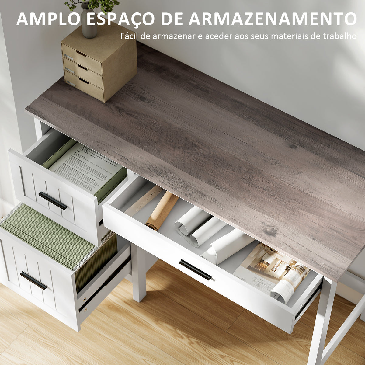 Secretária Rústica 120x50 cm Mesa de Secretária com 3 Gavetas e Bancada com Efeito Madeira Mesa para Computador para Estudo Escritório em Casa Branco — foto 4