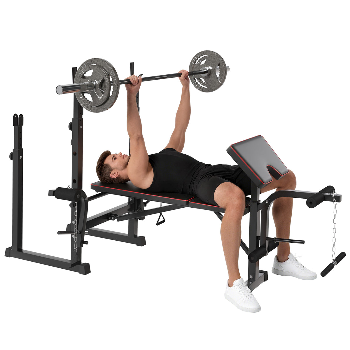Banco de Musculação Banco Multifunções com Suportes para Barras e Encosto Ajustável para Treino Completo de Corpo em Casa Ginásio Preto — foto 1
